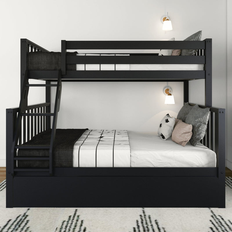 Black wooden bunk bed with full-size lower bed and twin upper bed, side ladder, white-and-black striped bedding, decorative pillows and wall sconces in a minimalist kids' bedroom