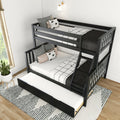 Black wooden space-saving bunk bed with pull-out trundle and ladder in bright modern bedroom, white-and-black geometric bedding, decorative pillows, area rug, and potted plant