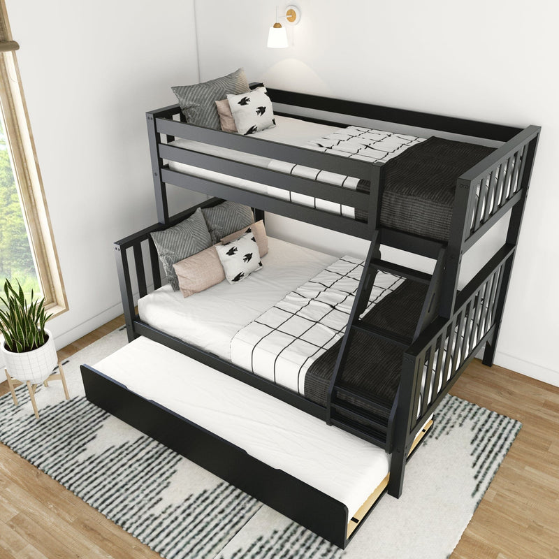 Black wooden space-saving bunk bed with pull-out trundle and ladder in bright modern bedroom, white-and-black geometric bedding, decorative pillows, area rug, and potted plant