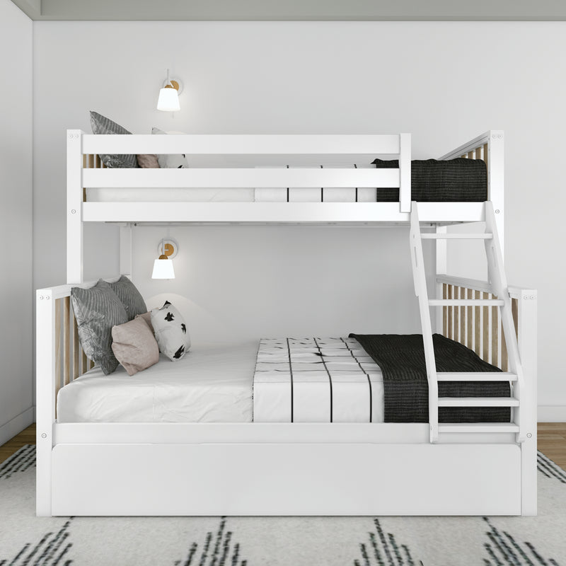 Modern white wooden bunk bed with ladder in a minimalist Scandinavian kids' bedroom, white bedding with patterned pillows, black knit throw and wall-mounted sconces