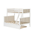 White wooden twin-over-full bunk bed with angled ladder, natural wood slat guardrails and pull-out trundle frame, modern kids' loft bed