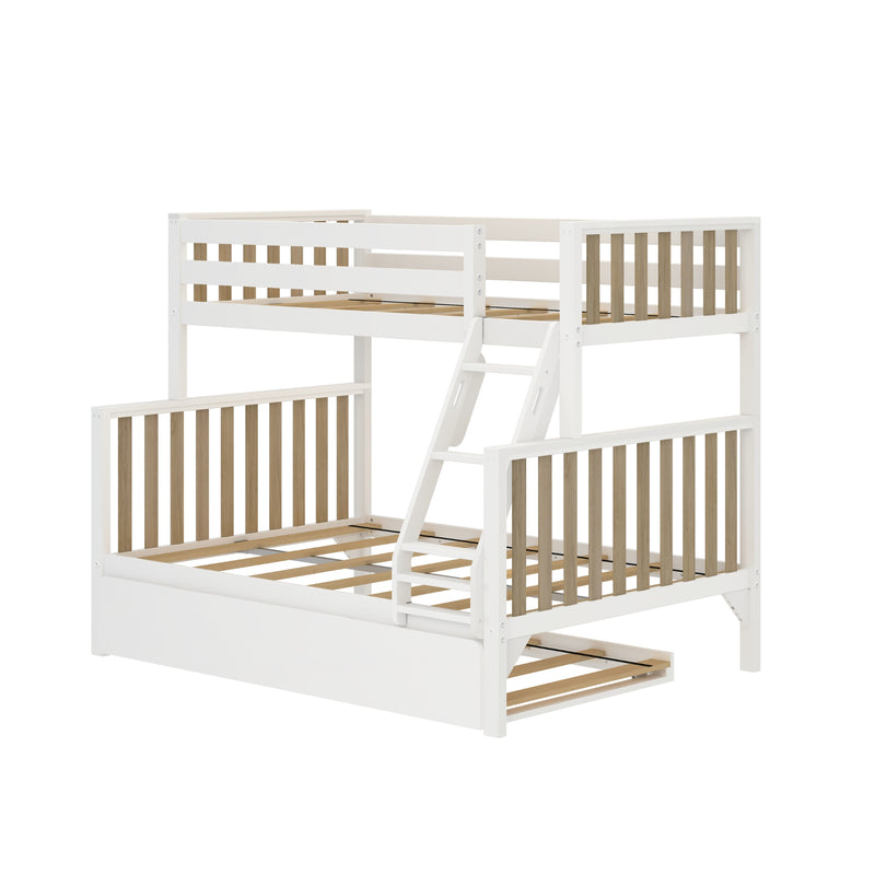 White wooden twin-over-full bunk bed with angled ladder, natural wood slat guardrails and pull-out trundle frame, modern kids' loft bed