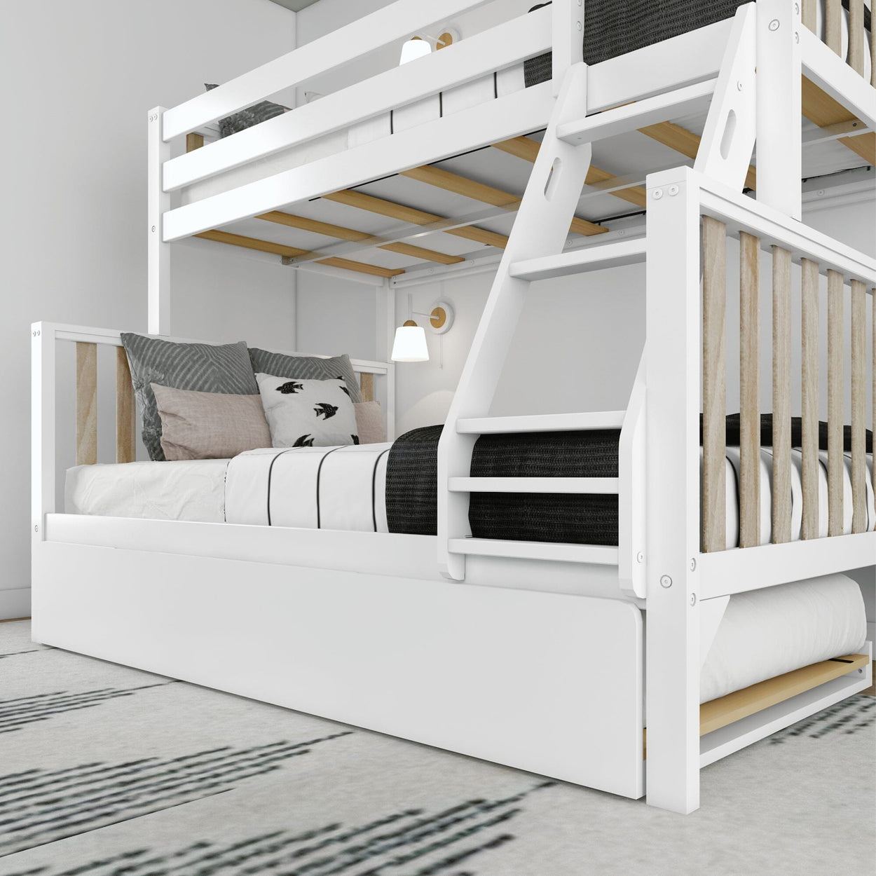 216231-202 : Bunk Beds Scandinavian Twin over Full Bunk Bed with Twin-Size Trundle, White/Blonde