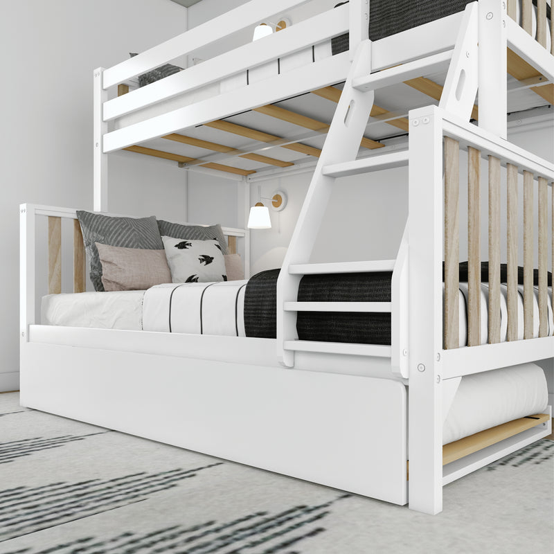 White wooden bunk bed with ladder and underbed trundle, natural wood slats and gray/beige decorative pillows in modern kids' bedroom