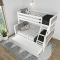 White wooden bunk bed with pull-out trundle and ladder in modern Scandinavian kids' bedroom with black-and-white geometric bedding, decorative pillows, wall sconce, potted plant and natural window light
