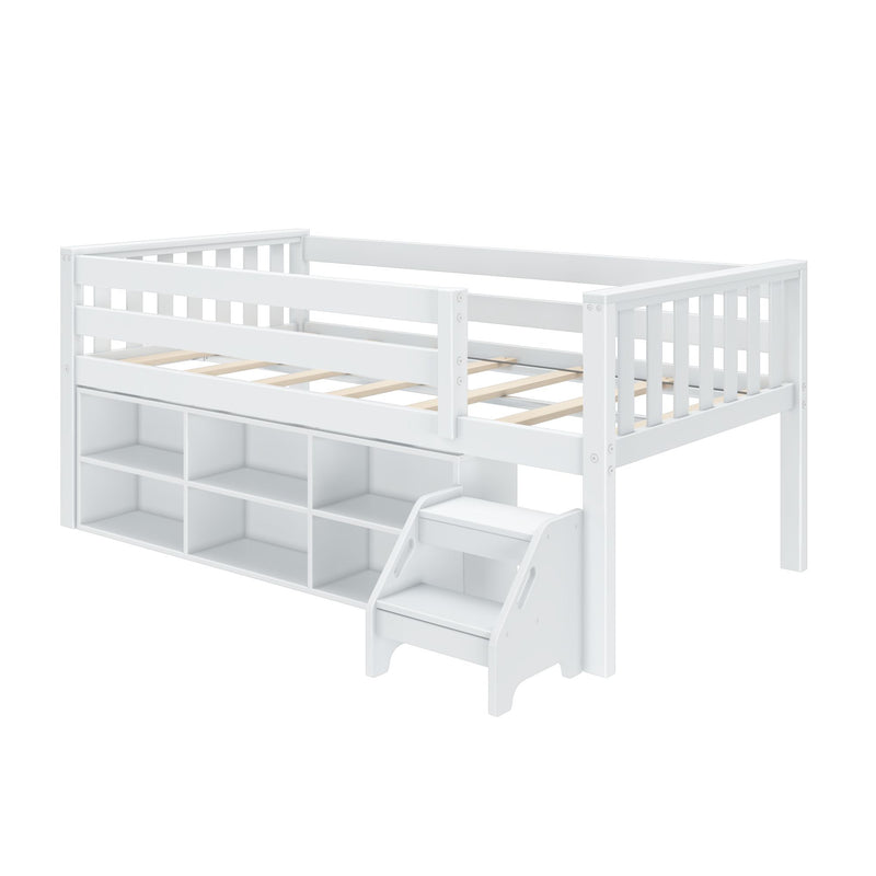 White loft bed with built-in storage shelves and stairs for kids' bedroom.