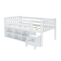 White wooden kids loft bed with safety guardrails, built-in cubby storage and two-step ladder, twin single bed frame for children's bedroom