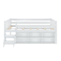 White kids loft daybed with guard rails, two-step stairs, slatted twin bed frame and six built-in storage cubbies — space-saving children's bedroom furniture