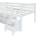 White wooden kids loft bed with built-in cubby storage and two-step stairs, slatted twin platform frame for small bedrooms
