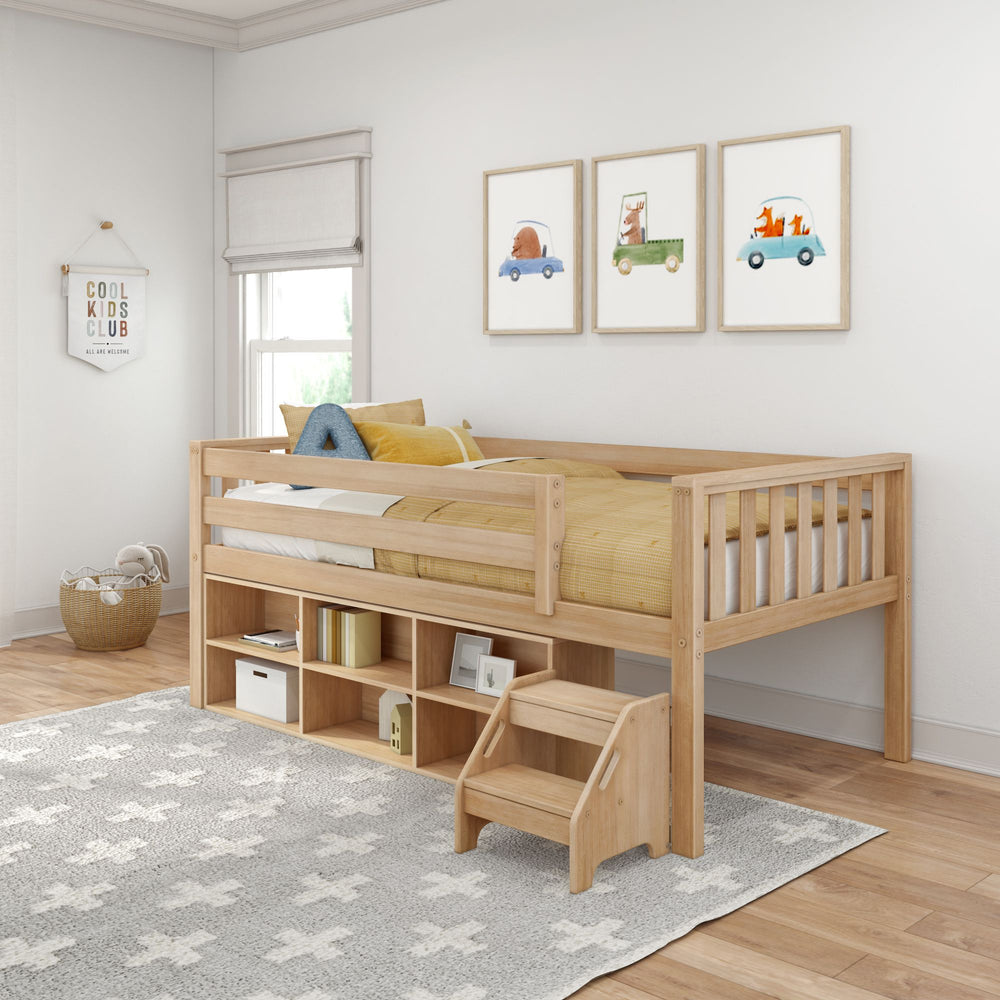 Wooden kids loft bed with storage shelves and steps in a stylish bedroom.