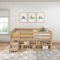 Wooden loft bed with built-in storage shelves, yellow bedding and framed animal car prints in a bright modern kids bedroom