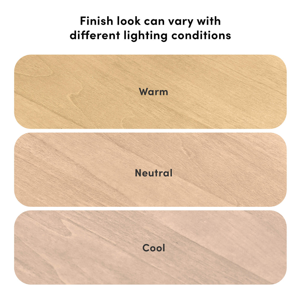 Wood finish variations under different lighting conditions: warm, neutral, and cool tones comparison.