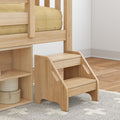 Natural light wood children's loft bed with built-in storage stairs and yellow check mattress in modern nursery