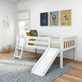 Bright modern kids bedroom with white wooden loft bed and slide, mustard bedding, green leaf cushion, woven toy basket and framed zebra, lion and giraffe wall art