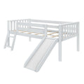 White wooden loft bed with slide and ladder for kids.