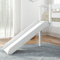 White children's bed with slide in a bright bedroom featuring wooden floors and a blue rug.