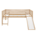 Kids' wooden loft bed with slide and ladder for playful bedroom design.