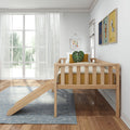 Children's wood bed with slide in a modern nursery with colorful wall art and pillows.