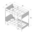 Twin-over-twin bunk bed frame diagram with ladder, guardrails and slatted mattress supports — dimensions 79 x 42 x 69 in (200 x 144 x 175 cm) for assembly and product listing