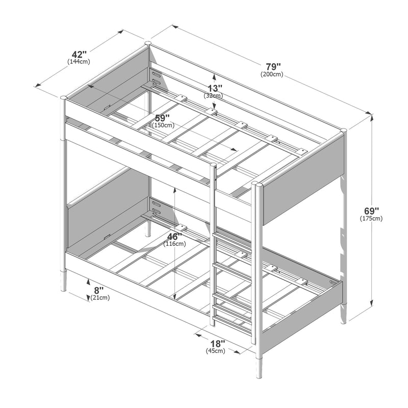 Twin-over-twin bunk bed frame diagram with ladder, guardrails and slatted mattress supports — dimensions 79 x 42 x 69 in (200 x 144 x 175 cm) for assembly and product listing