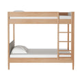 Modern natural oak wooden bunk bed with built-in ladder, twin-over-twin space-saving design, white mattresses and pillows, minimalist bedroom furniture