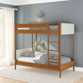 Modern kids bedroom with wooden bunk bed and ladder, gray vertical shiplap wall, beige wall sconces, sheer white curtains and neutral gray bedding