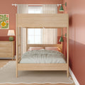 Light wood Scandinavian bunk bed in cozy kids' bedroom with striped duvet, pink pillows, green wall sconces, coral accent wall, wooden dresser and window light