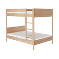 Minimalist light natural wood twin-over-full bunk bed with side ladder and white mattresses — space-saving modern kids' bedroom furniture