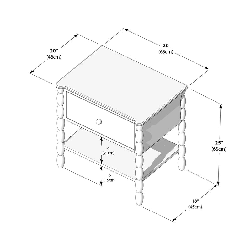 Isometric line drawing of a wooden bedside table/side table with single drawer and lower shelf, turned spindle legs, labeled dimensions 26 in (65 cm) x 20 in (48 cm) x 25 in (65 cm), shelf clearances 8 in (21 cm) and 6 in (15 cm), 18 in (45 cm) depth