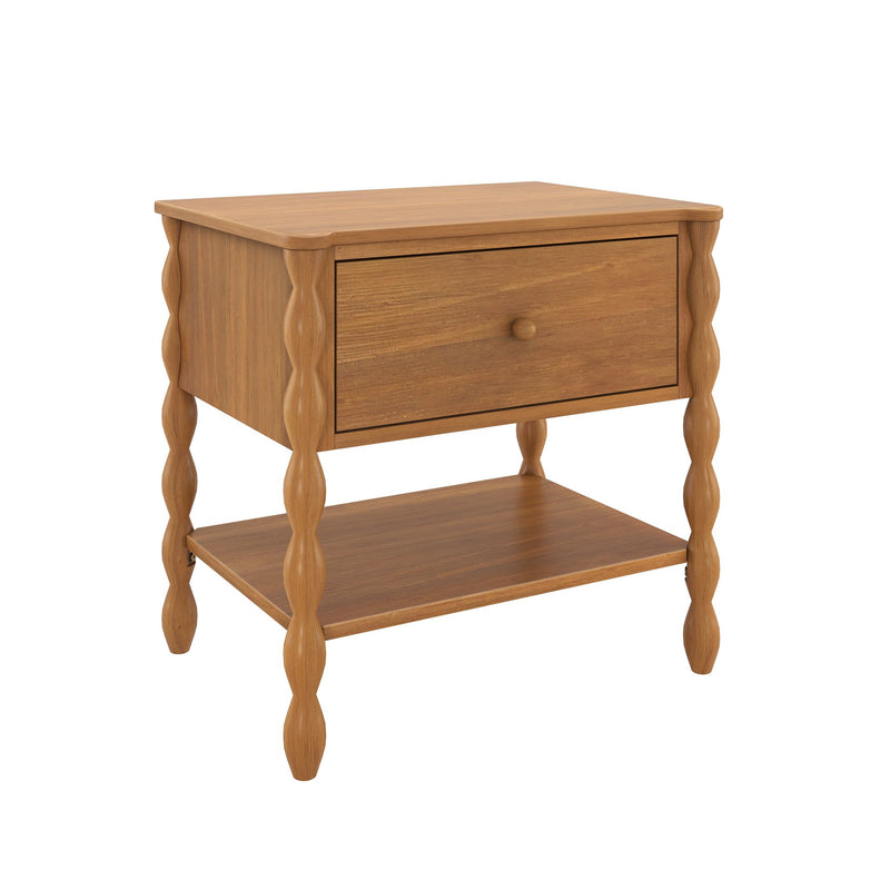 Oak-finish wooden nightstand with single drawer, lower shelf and turned spindle legs — mid-century style bedside table for bedroom storage