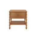 Light brown wooden bedside table with single drawer, lower shelf and decorative twisted turned legs