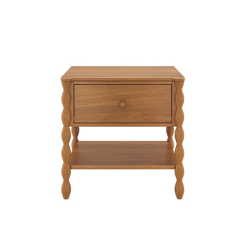 Light brown wooden bedside table with single drawer, lower shelf and decorative twisted turned legs