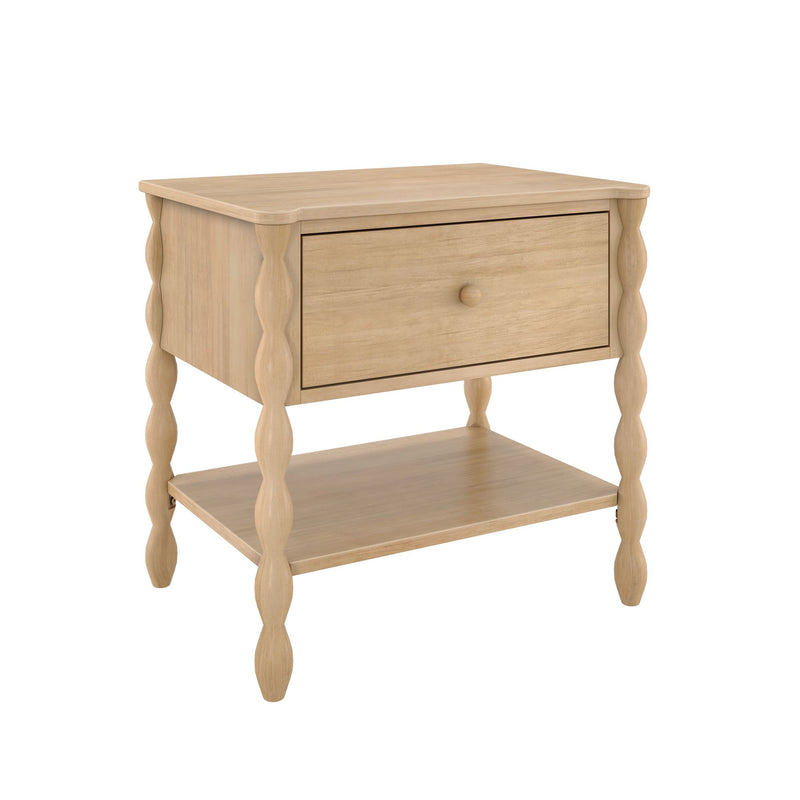 Light oak wooden nightstand with single drawer and lower shelf, spindle-turned legs farmhouse bedside table for bedroom storage