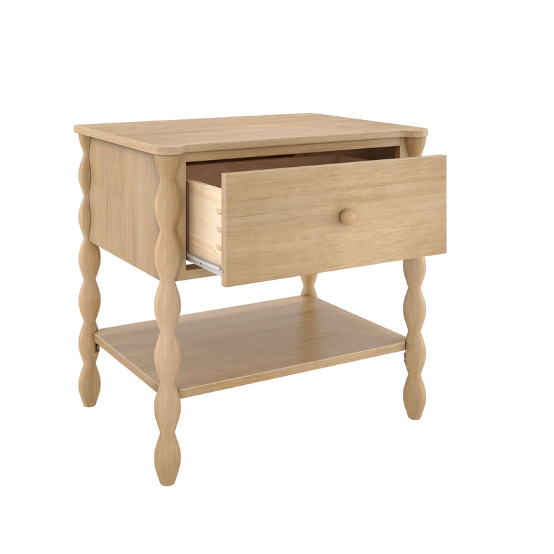 Light oak natural wood bedside nightstand with single drawer, open lower shelf and turned spindle legs in modern farmhouse style