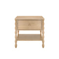 Light oak farmhouse nightstand with single drawer, lower shelf and turned spindle legs in natural wood finish
