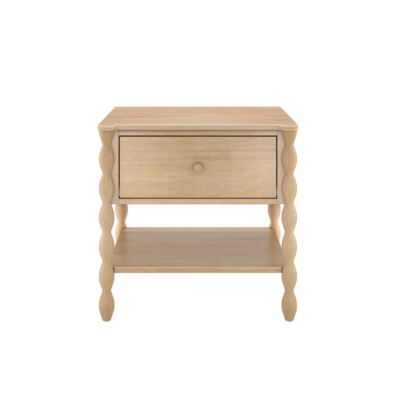 Light oak farmhouse nightstand with single drawer, lower shelf and turned spindle legs in natural wood finish