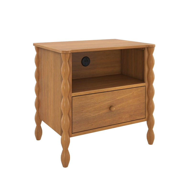 Oak-finish wooden nightstand bedside table with decorative turned legs, one drawer, open shelf and built-in power outlet