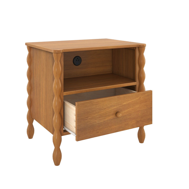Natural wood nightstand bedside table with open shelf and single drawer, carved spindle legs and built-in power outlet