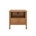 Honey oak bedside nightstand with scalloped turned legs, open shelf, single drawer and built-in power outlet with USB ports