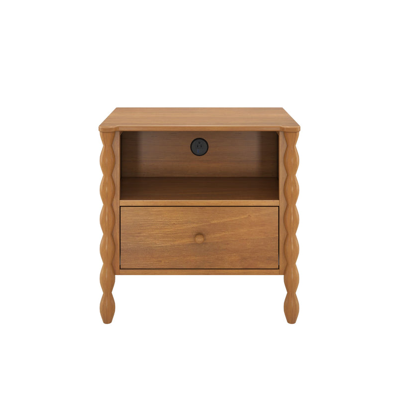 Honey oak bedside nightstand with scalloped turned legs, open shelf, single drawer and built-in power outlet with USB ports