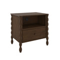 Dark brown wooden nightstand bedside table with single drawer, open shelf and built-in power outlet for charging, twisted spindle legs