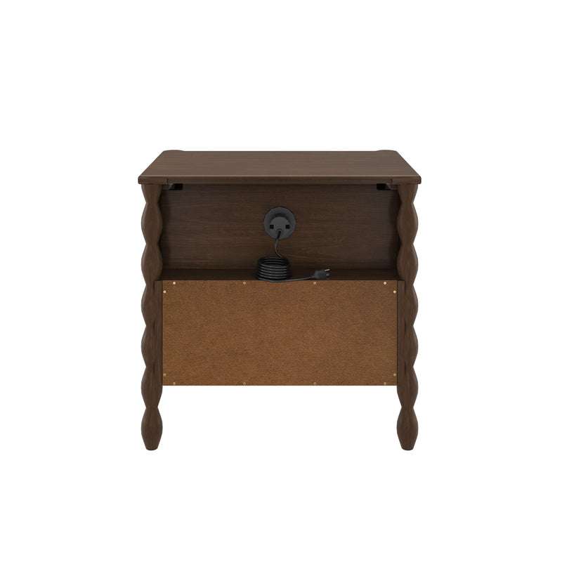 Dark brown wooden nightstand with twisted spindle legs, open-back cable management port and coiled black power cord, rectangular top and lower storage panel