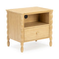 Light natural wood bedside table with one drawer, open shelf and built-in power outlet with USB port, turned spindle legs