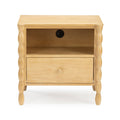 Light wood bedside nightstand with single drawer, open shelf and built-in power outlet with USB port, turned spindle legs