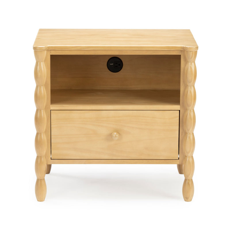 Light wood bedside nightstand with single drawer, open shelf and built-in power outlet with USB port, turned spindle legs