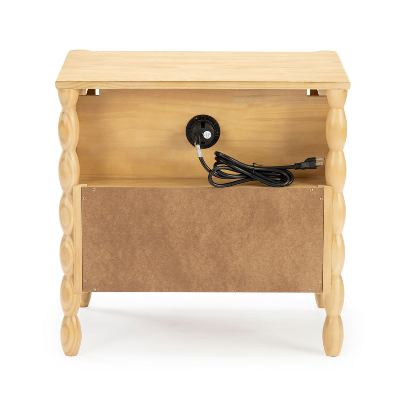 Light pine bedside table with turned legs and open back shelf, integrated electrical outlet and attached power cord for lamp or device