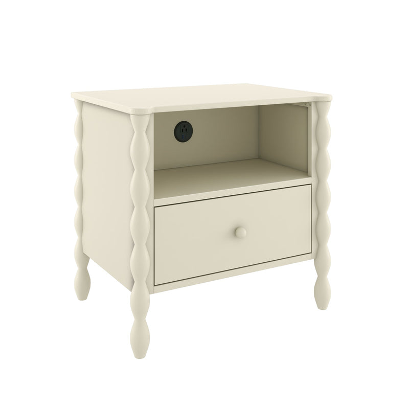 Ivory bedside nightstand with turned spindle legs, single drawer and open shelf with built-in power outlet for charging
