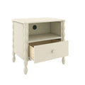 Cream nightstand with open drawer, open shelf and built-in power outlet, turned spindle legs and round wooden knob