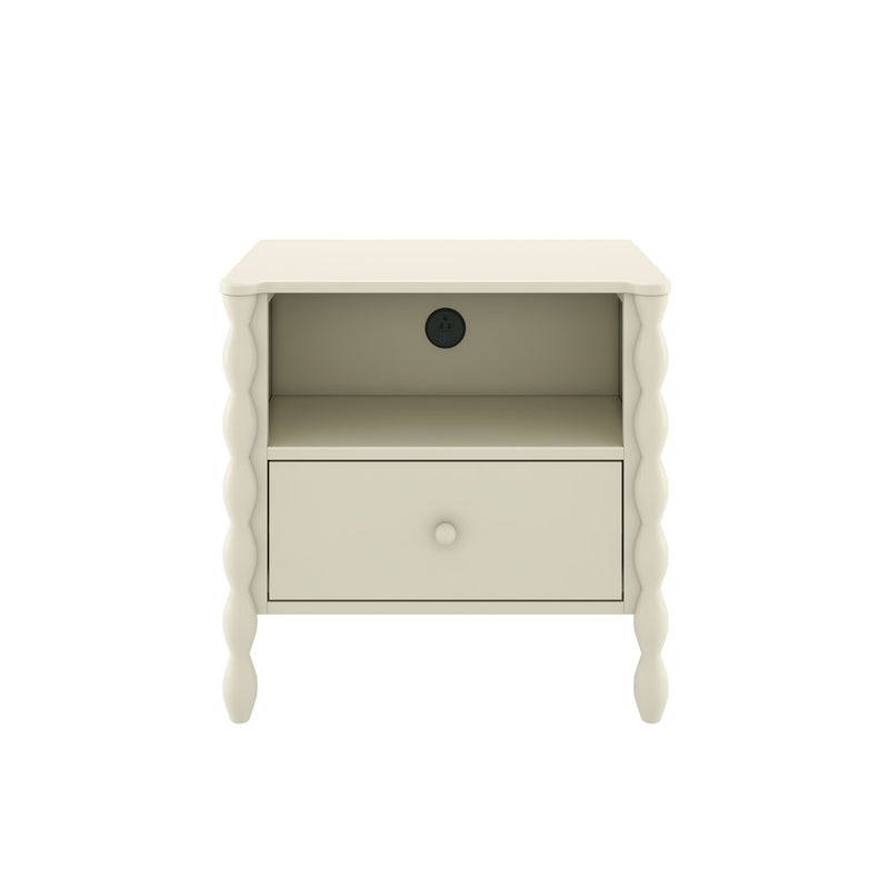 Cream bedside table nightstand with scalloped legs, single drawer, open shelf and built-in power outlet for modern bedroom storage