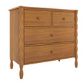 Light oak five-drawer dresser with round wooden knobs, turned legs and carved side panels, mid-century modern bedroom storage chest